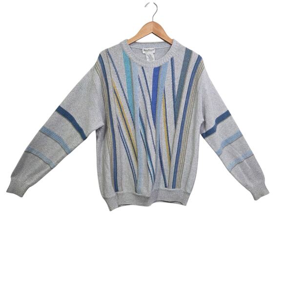 Vintage Norm Thompson Mens Cosby Style Blue Striped Sweater SZ L Italy Biggie - Picture 1 of 13